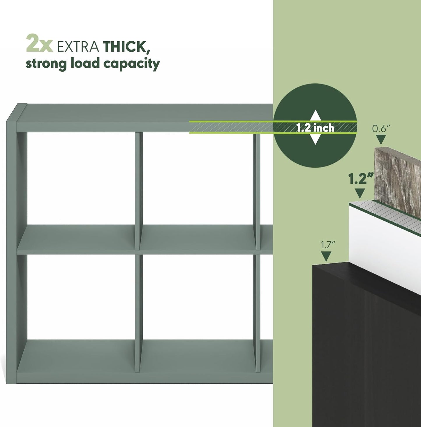 Furinno Cubicle Book Shelf, 6-Cube Bookshelf, Extra Thick Frame Horizontally & Vertically Reversible Bookcase with Open Back, 14.6" x 44" x 30", for Living Room, Bedroom, Home Office, Sage Green