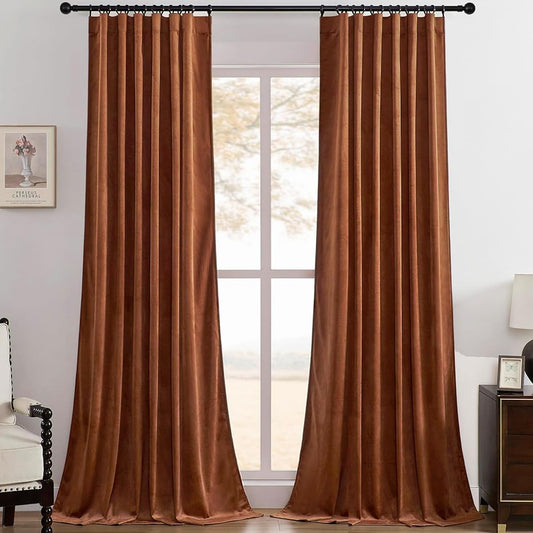 Timeper Burnt Orange Velvet Curtains - Light Blocking Luxury Fall Curtains for Nursery Bedroom Decor, Back Tab & Rod Pocket Privacy Window Treatment Set for Gallery/Store, W52 x L72, 2 Panels