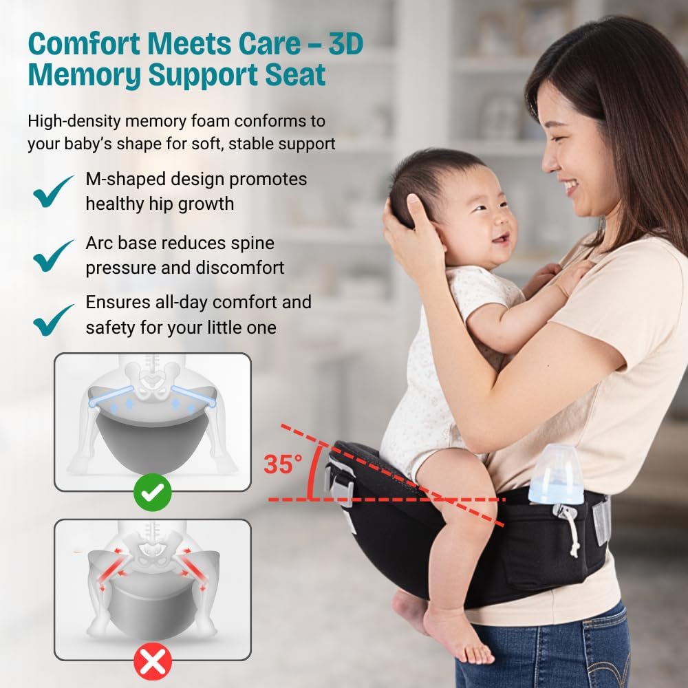 6 in 1 Hip Carrier for Baby - Easy to Wear Ergonomic Front Facing Baby Carrier with Hip Seat for 7–44 lbs - Baby Harness with Back Support, Breathable & Adjustable for Comfortable Travel - Black
