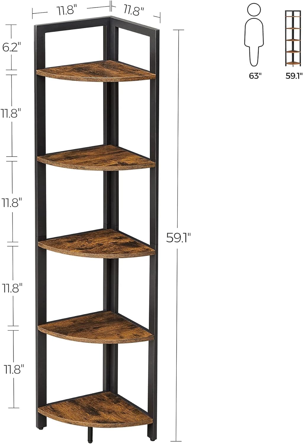 VASAGLE Corner Shelf, 5 Tier Bookshelf, Tall Corner Storage Shelves, Plant Stand for Living Room, Bedroom, Bathroom, Home Office, Rustic Brown and Black ULLS803B01