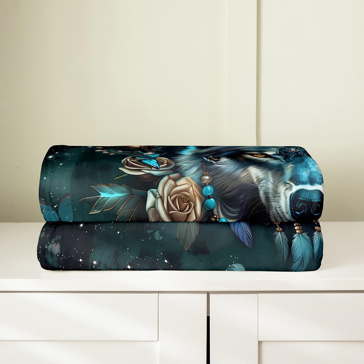 Feelyou Wolf Flannel Fleece Throw Blanket for Kids Boys Wolves Howling All Season Bed Blanket Twin 60"x80" Dreamcatcher Fuzzy Blanket for Sofa Couch Boho Dream Catcher Decor Plush Blanket, Teal