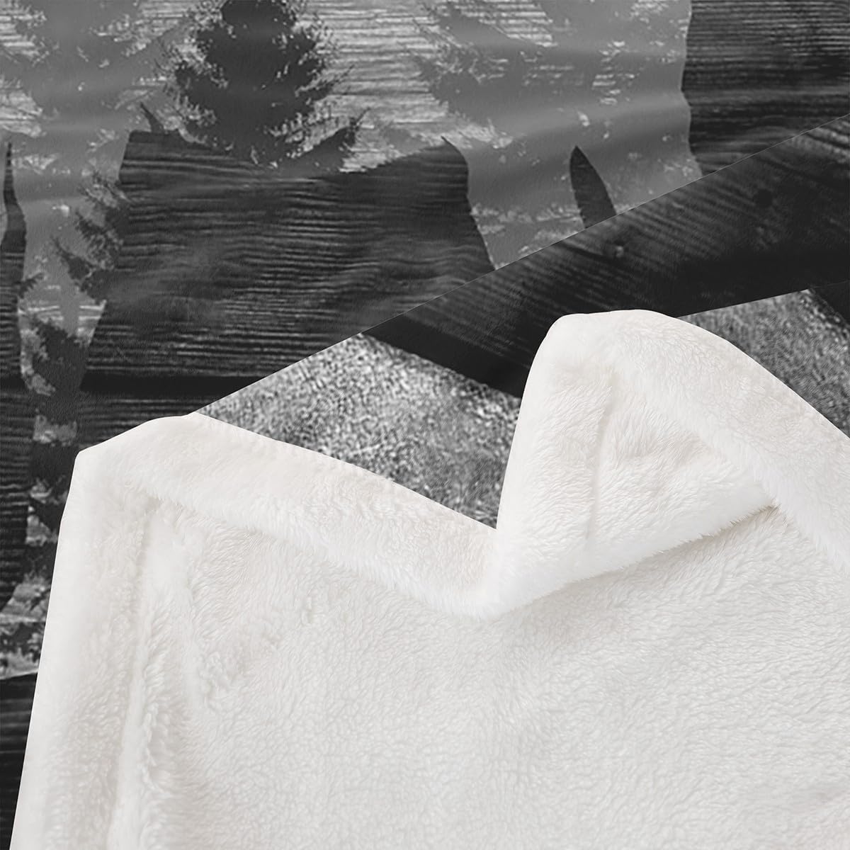 Castle Fairy Moose Cabin Throw Blanket Wild Animal Jungle Pine Trees Silhouette Fleece Blanket for Kids Teens Adults Gray Wooden Stripes Grid Rustic Fuzzy Blanket for Housewarming Queen
