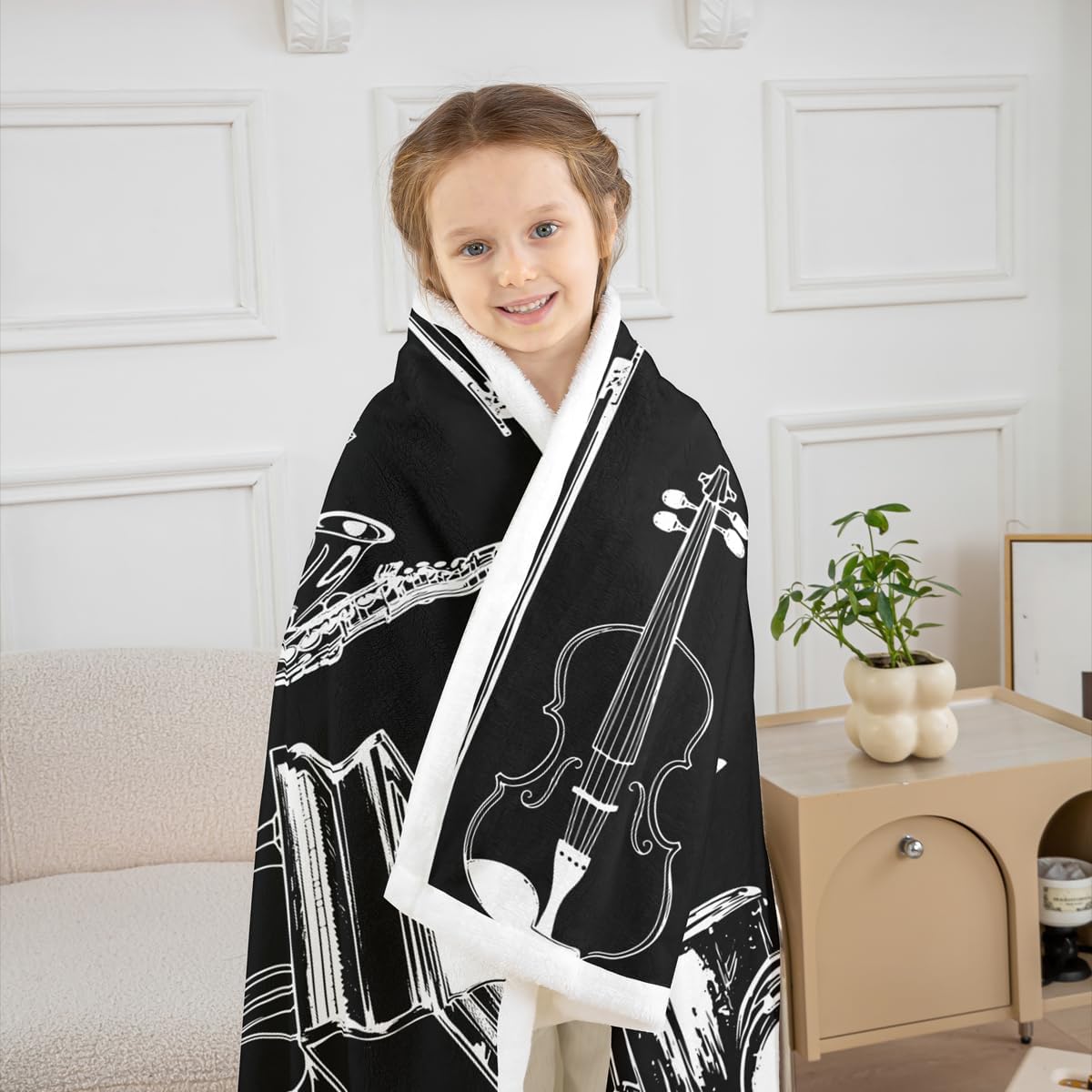Feelyou Guitar Fleece Throw Blanket for Sofa Couch Drum Kit Piano Music Themed Sherpa Blanket Black White Musical Pattern Warm Plush Blanket Room Decor Instruments Print Fuzzy Blanket Throw 50"x60"