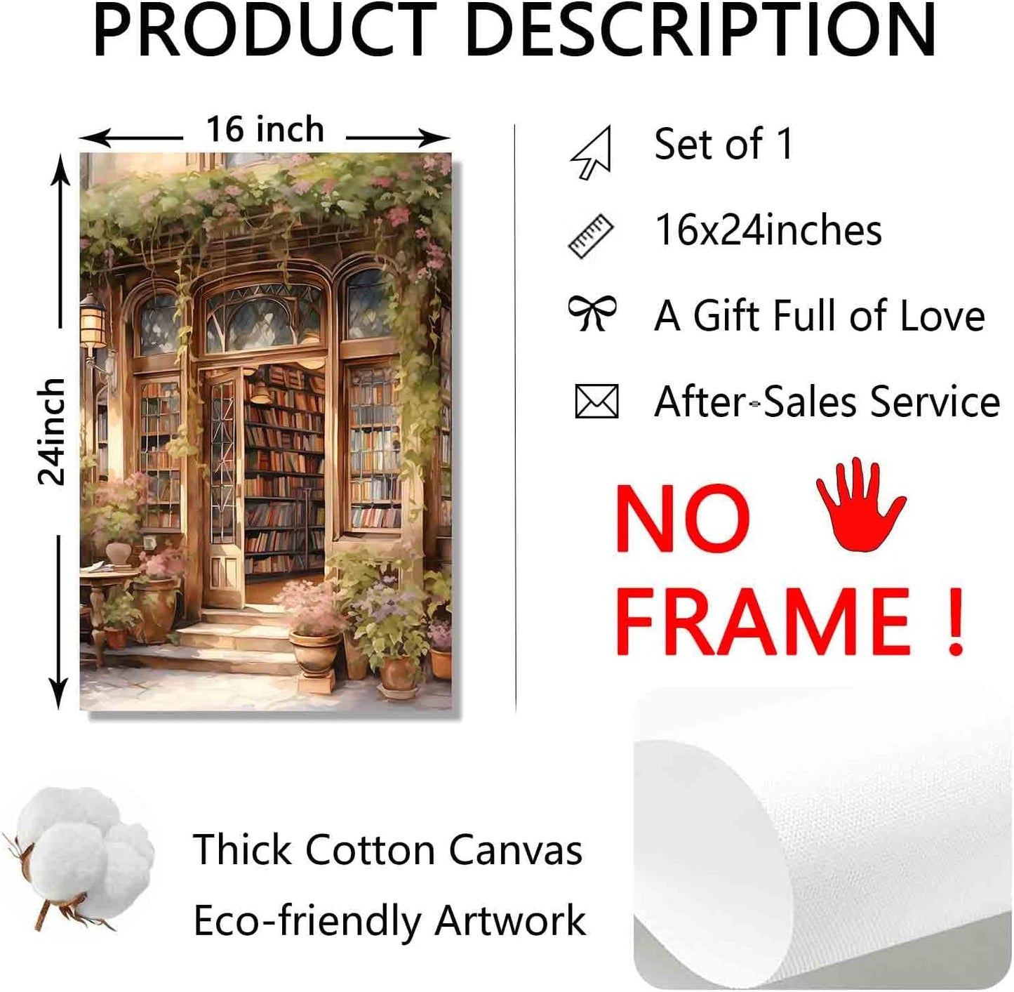 Book Store Poster Reading Canvas Wall Art Book Aesthetic Wall Print Antique Library Picture French Country Painting Floral Vintage Library Posters Farmhouse Bookshop Wall Art Room 16x24in No Frame
