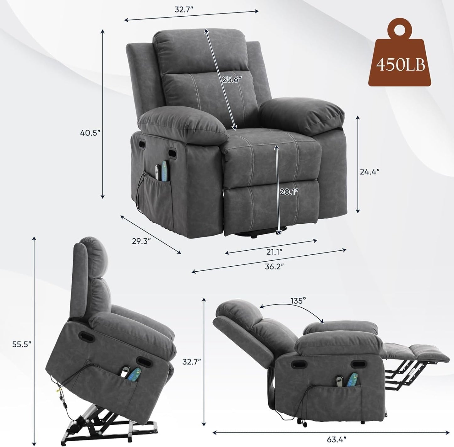 Power Lift Recliner Chair for Elderly, Electric Massage Sofa with Lumbar Heat, Remote Control, Cupholders and USB Ports, Gray Leather Furniture for Living Room