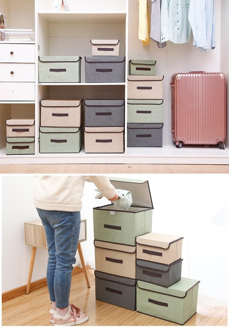 TONSHEN Foldable Hard Set of 3 (1 Gray+1 Green+1Beige) Storage Boxes Storing books, Clothing, Mini Underbed Storage Boxes (Small)