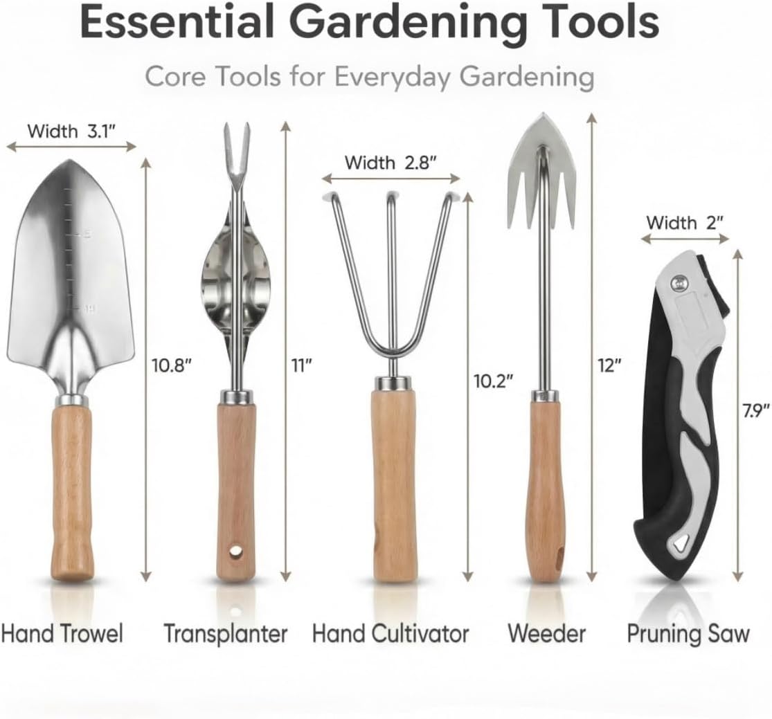 All-in-One Garden Tool Set with Basket, Stainless Steel Garden Tools with Wooden Handles, Garden Apron/Garden Waste Bags/Gardening Gloves Gardening Gift Set