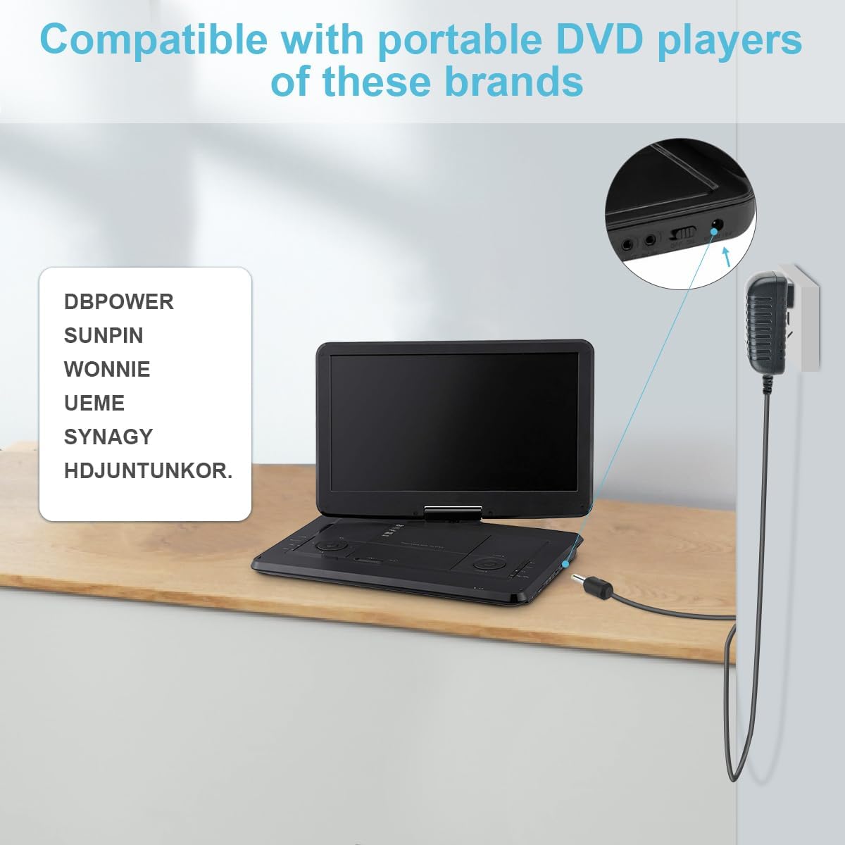 Portable DVD Player Charger - 6.6ft Long Cord, Compatible with DBPOWER/WONNIE/UEME/Sylvania/SUNPIN/YOTON, Overload Protection - Replacement Wall Power Adapter for Portable DVD Players, 12V 1.5A