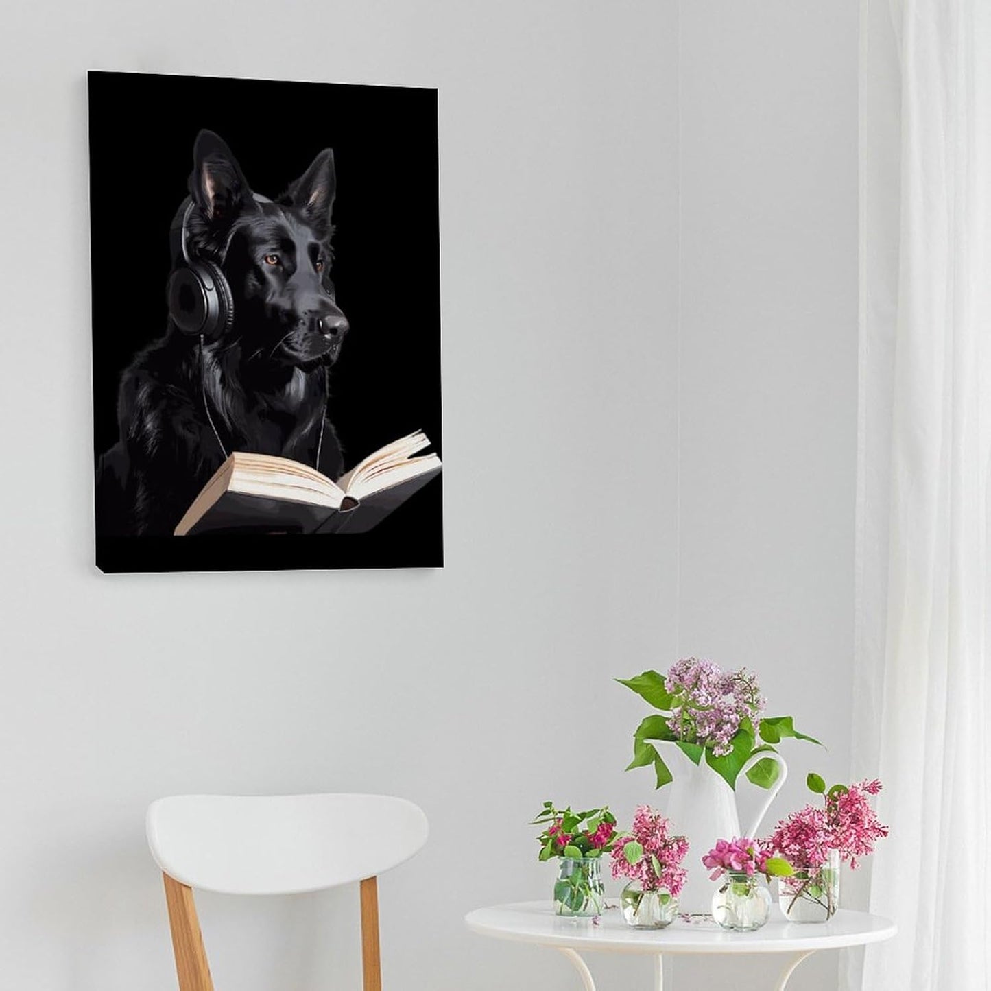 German Shepherd Wearing Headphones Reading Funny Canvas Poster Vertical Wall Art Artwork Picture Hanging Prints Painting Decoration for Living Room Home