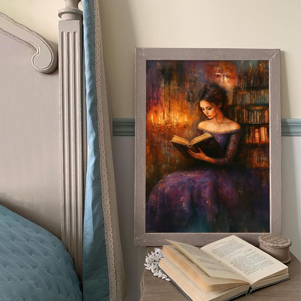 Victorian Woman Reading in Candlelit Library Dark Academia Wall Art posters Print,Vintage Dark Academia Aesthetic moody wall art Reading Nook book room wall decor 08x10in Unframed