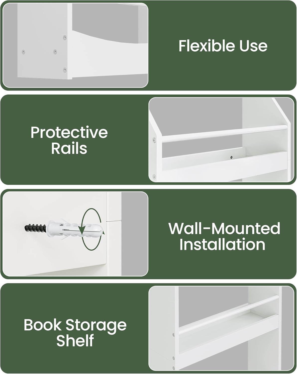 Kids Bookshelf, 15.7 Inch Wall Mounted Bookshelf, 4-Tier Nursery Book Shelves, Book Shelf for Kids Room, Bedroom, Living Room, Playroom, White MCW04WB