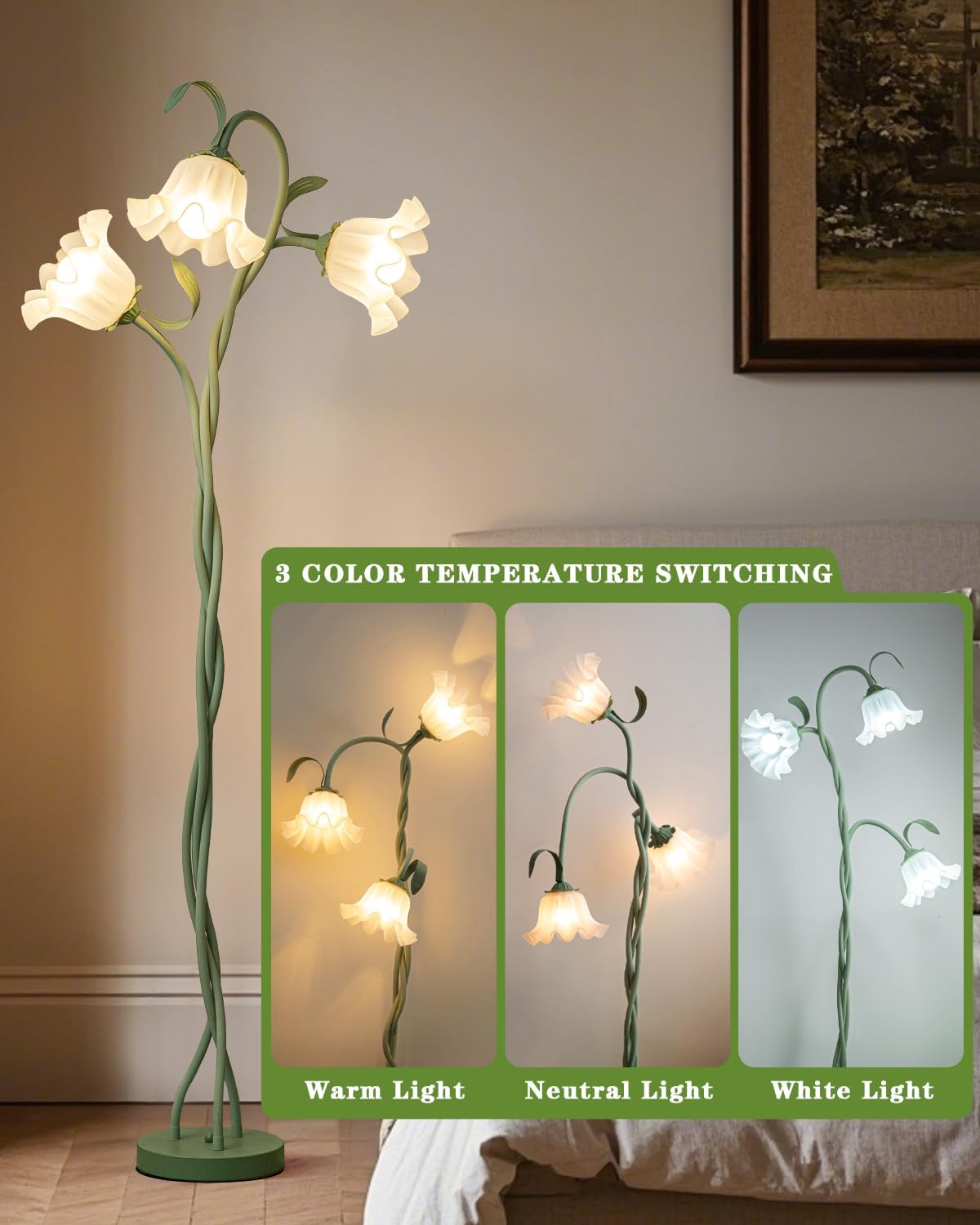 Flower Standing Lamp for Living Room, LED Floor Lamp with Flexible Neck,3 Color Temperatures Adjustable Vintage Tall Lamp for Home Living Room Corner (Green)