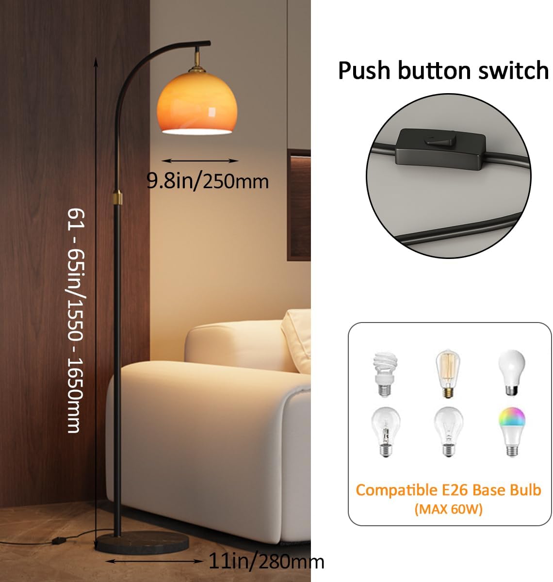Orange Glass Shade Floor Lamp Adjustable Height Tall Light Bedside Standing Reading Lamp Arc Floor Lamps Rust-Proof Iron Pole Light with Push Button Switch for Living Room Hotel Studio