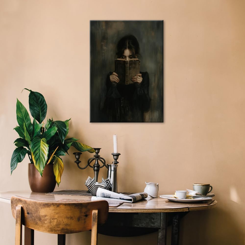 vintage Victorian Woman Reading Book Poster Print wall art Dark Academia Aesthetic Moody reading Wall Decor for Library book nook decor 08x10in Wrapped Canvas