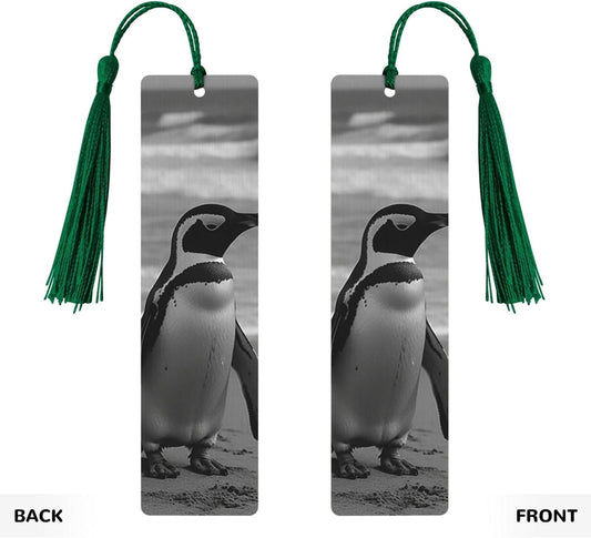 Penguin Standing on The Beach Bookmarks Gifts for Women Men, Wooden Bookmarks for Book Lovers, Vintage Book Marks Ornaments with Tassel, Unique Personalized Reading Page Markers Dark Green