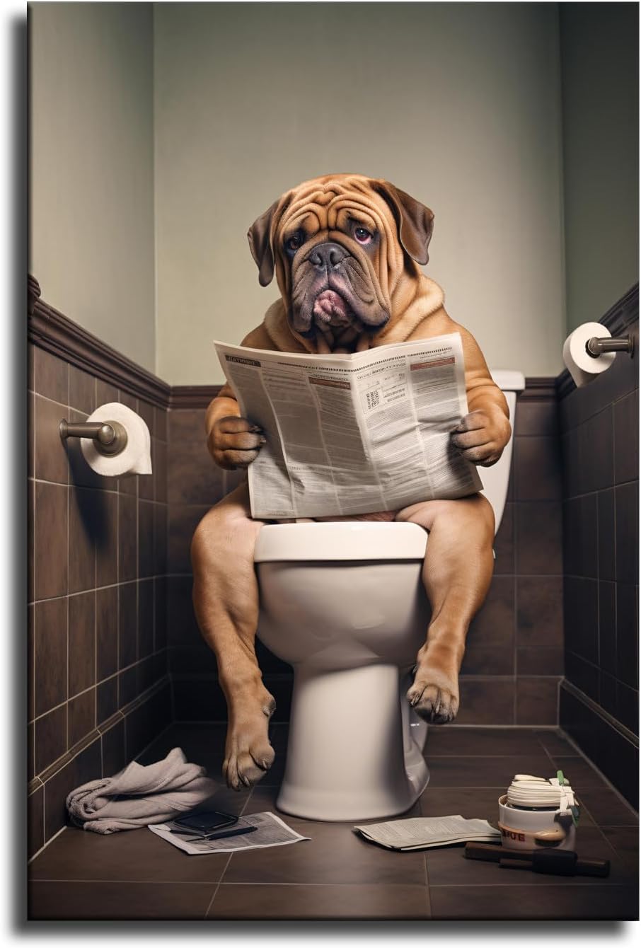 Generic Wall Art Funny Dog Bathroom Wall Art Dog Reading the Newspaper on Toilet Canvas Poster Living Room Wall Art Bedroom Wall Decor Printins (8x12inch-Framed), white
