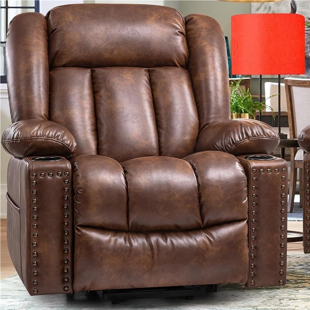 Large Power Lift Recliner Chair with Heated Massage Adjustable 3 Position Overstuffed Sofa Breathable Leather Cup Holder Side Pocket Electric Recliner for Living Room