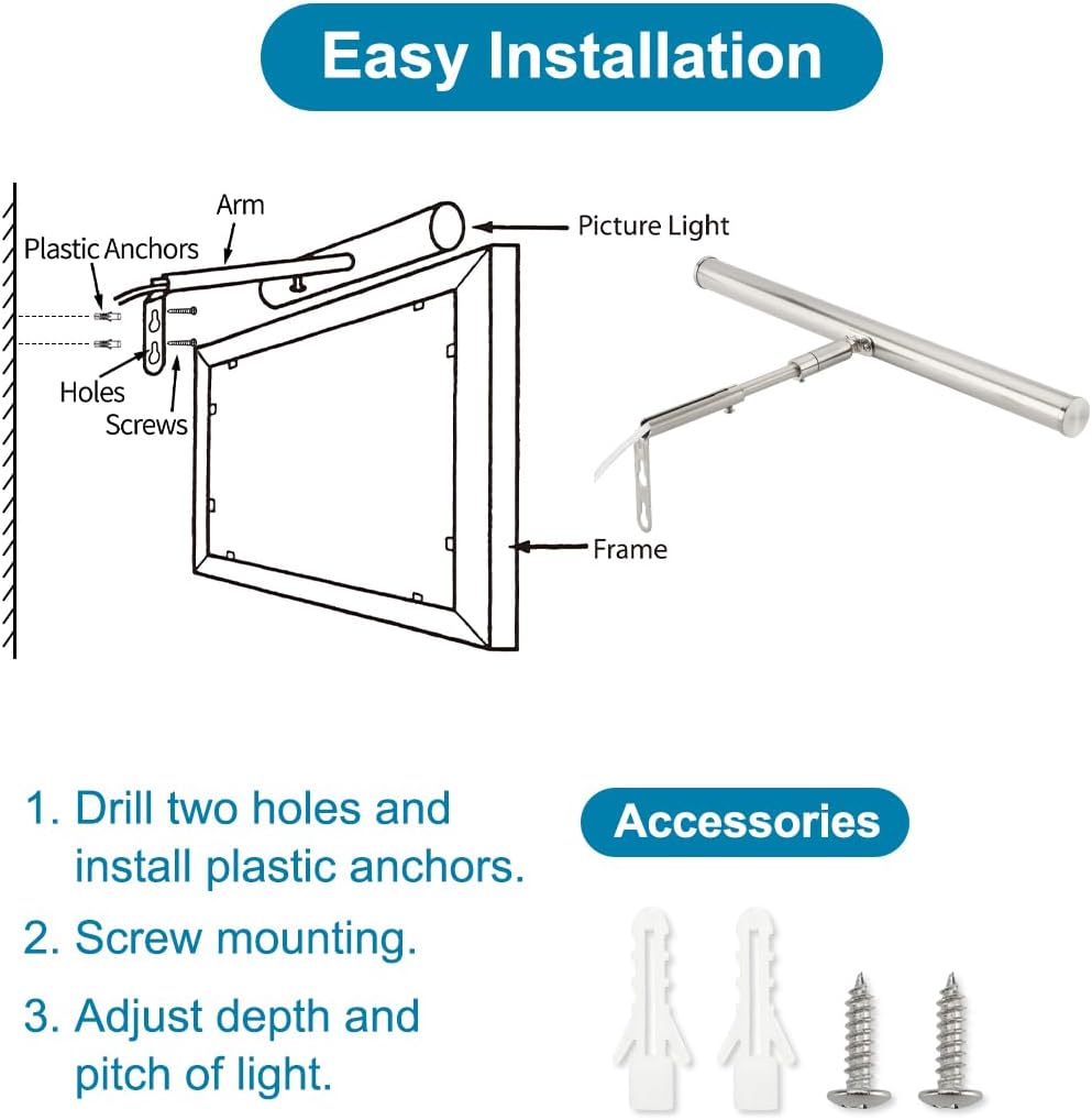 LED Picture Lights for Paintings Plug in, 14 inch 4W Adjustable Art Light Gallery Wall Light for Display Art Work, Brushed Nickel Finish, CRI90+, 3000K Warm White, ETL Listed