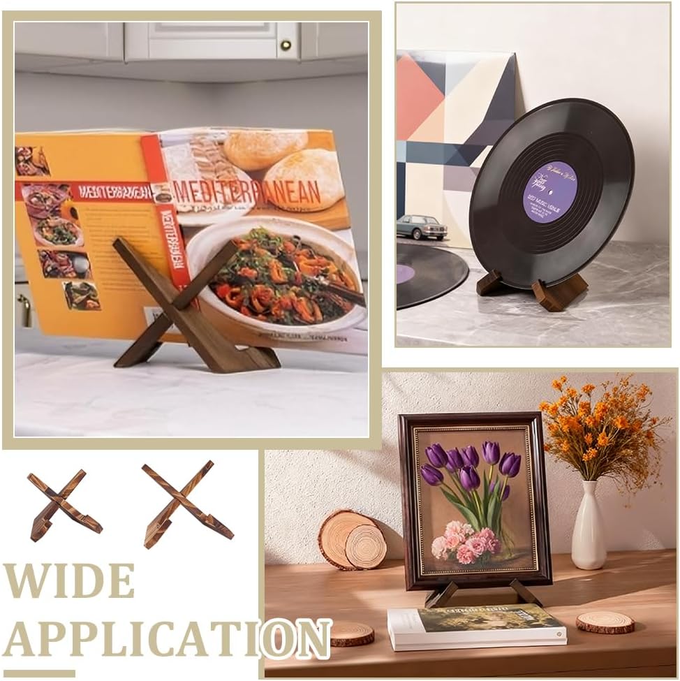 WADORN 2 Styles Wooden Plate Display Stand, 4.9 Inch 6.6 Inch Wood Plate Holder Stands for Display Wooden Decorative Picture Frame Holder for Dish Photo Platter Plaque Diploma Awards Vinyl Records