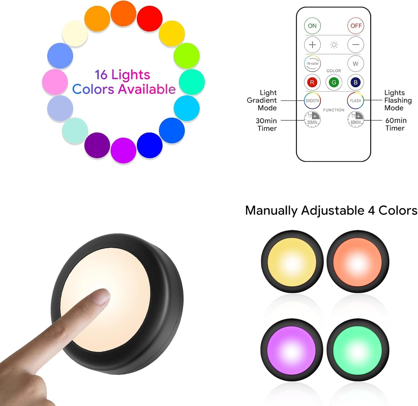 Yiliaw 12 Pack LED Puck Lights Remote Control 16 Color Changeable Under Cabinet Lights, Battery Operated Lights Night Light with Dimmer & Timmer for Closet Bedroom Kitchen, Black