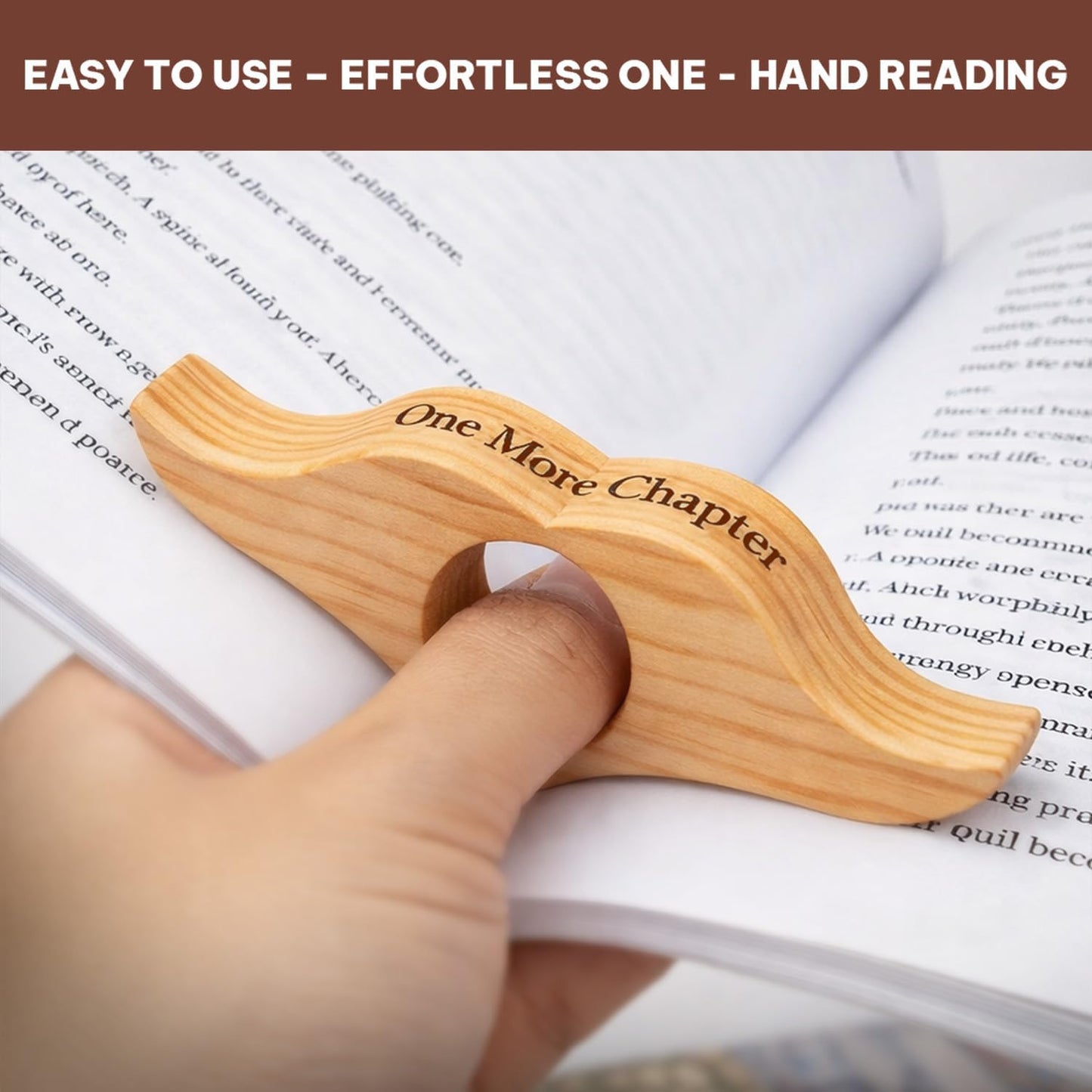 Wooden Book Page Holder – Thumb Page Spreader Reading Accessory with Smooth Finish for Book Lovers (Pinewood - One More Chapter)