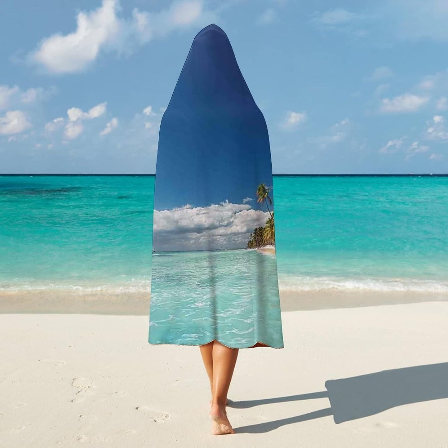 Throw Blankets, Ocean Women Men Hooded Blanket, Landscape of Paradise Tropical Island Beach with Vivid, Soft Warm Cozy, 60 x 80inches, Studying Reading Snuggling Napping Office, Green Blue Cream