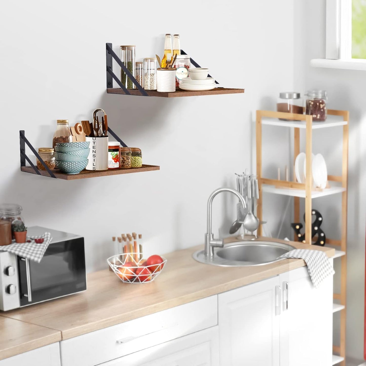2 Pc Deep Floating Shelves ; Wall Mounted Hanging Shelves for Living Room, Kitchen, Office, Bathroom and Bedroom Decor; Storage and Display Shelf Set (Brown, 16W×12D)