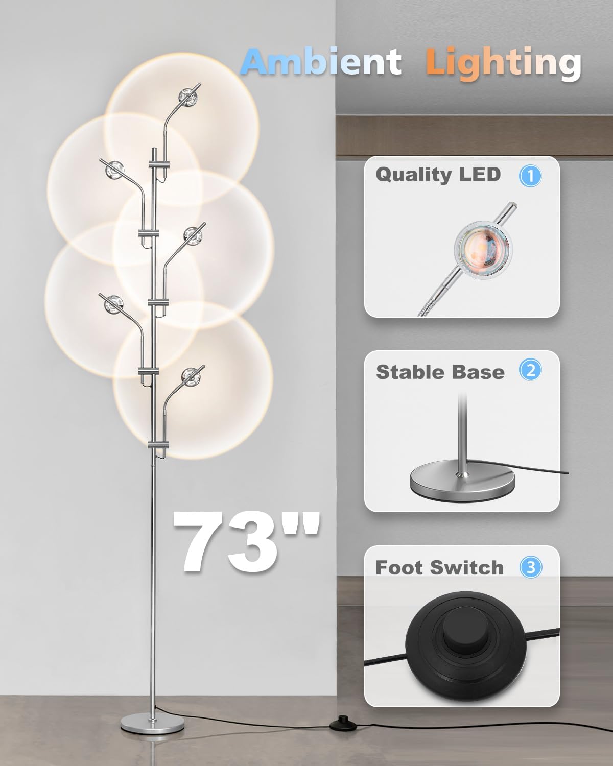 Halo Projector Floor Lamp - 4000K LED Multi Head Floor Lamp with RGB Filters - Sunset Projection Ambient Lighting - Mood Corner Lamp for Bedroom,Living Room - Chrome