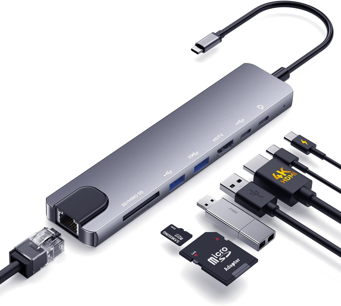 8-in-1 USB C Hub Multiport Adapter, USB C Docking Station for Laptop with 4K@60Hz HDMI, 100W PD Charging, SD/TF Card Reader, USB 3.0 Ports for MacBook Pro/Air, iPad, Windows, School & Office