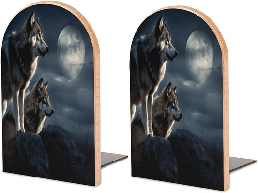 Wolves in The Moonlight Bookend for Shelves Wooden Book End Large Size Sturdy Book Holders Stoppers with Metal Base for Bookshelves Slick Decorative Bookends Stands