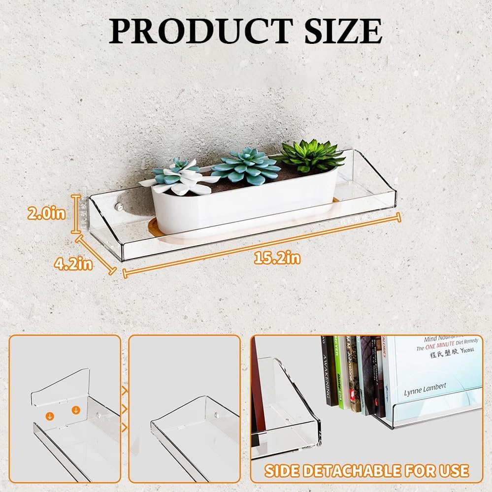 2 Pcs Acrylic Floating Shelves, 15" Wall Mounted Bookshelves Farmhouse Shelves for Display Book Photo Figures Plants, Display Shelf Organizer for Bedroom Living Kitchen Room Storage