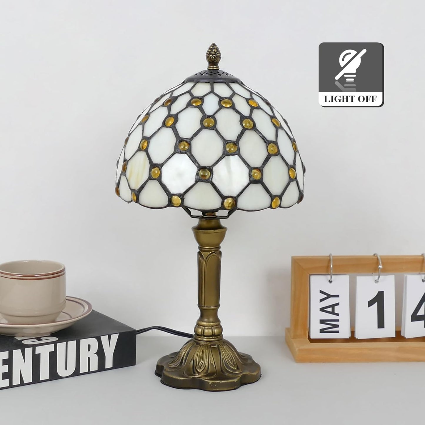 Tiffany Style Table Lamp Beige Beads Vintage Bedside Table Light Desk Lamps Accent Small Lamp 14" Tall 8" Wide Reading Lamp with Color Changing LED Bulb