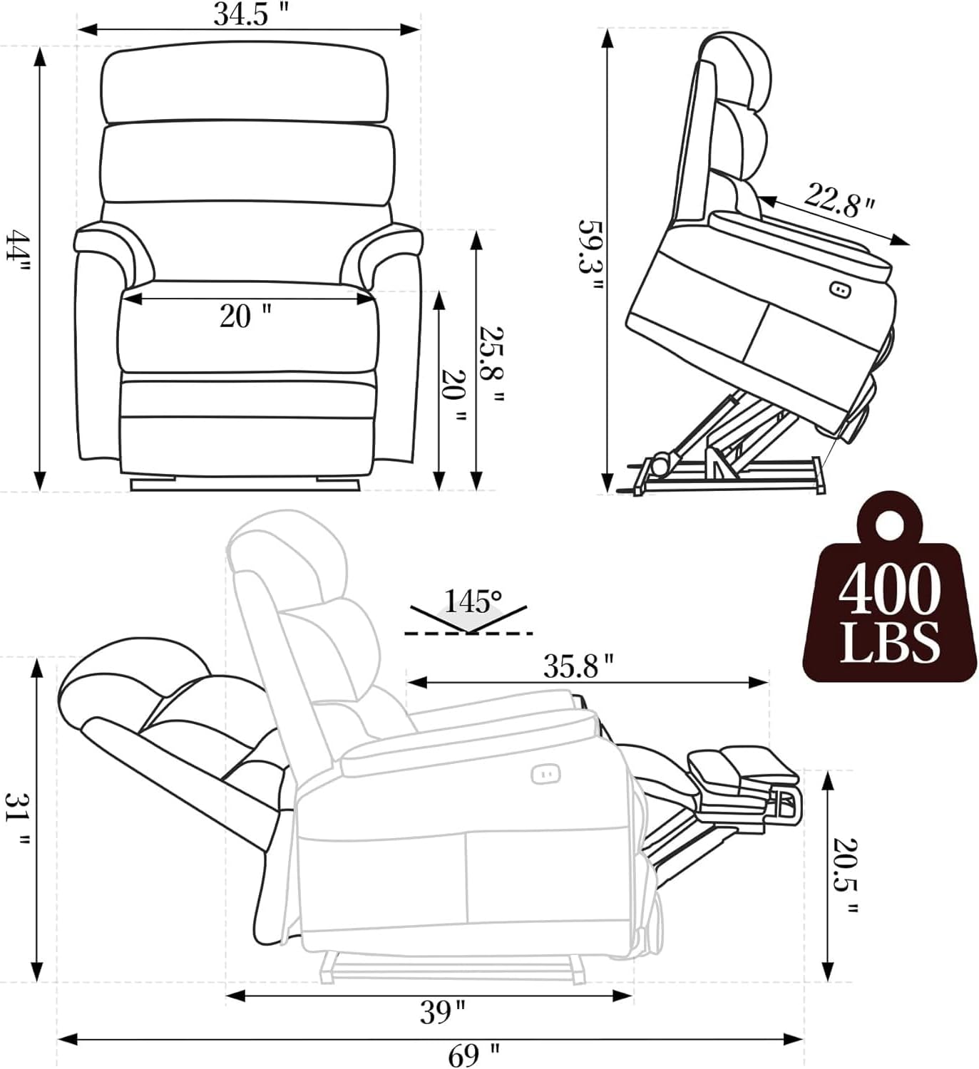 Power Lift Recliner Chair Single Sofa with Extended Footrest Heat Massage Big Tall Lay Flat Ergonomic Lounge Chairs for Home Theater Living Room Bedroom