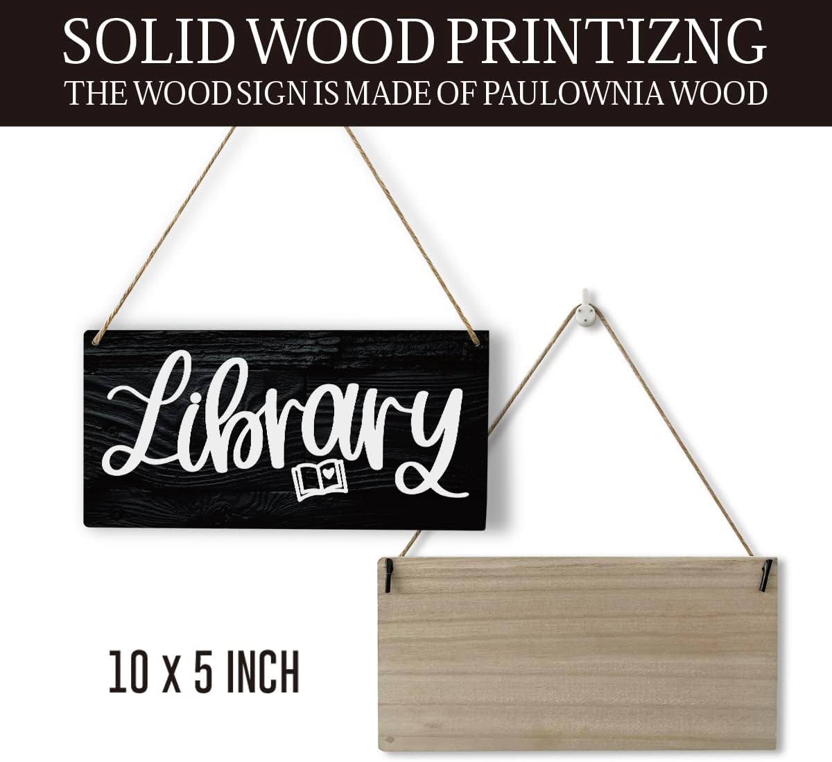 Retro Library Sign Wood Wall Art Home Farmhouse Hanging Decor Rustic Fun Black Book Lover Wooden Decorative Plaque for Office House Cafe Outdoor Indoor, 10x5 Inches
