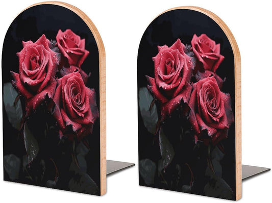 Red Rose and Black Leaves Wooden Bookend Non-Slip Book Ends Heavy Duty Book Stopper with Metal Base Books Holderd Decorative Bookends Stands Firmly for Office Supplies