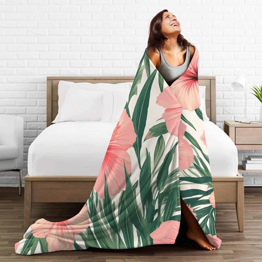 Mugod Exotic Floral Throw Blanket Tropical Flower Pink Hibiscus Palm Leaves Dark Green Decorative Soft Warm Cozy Flannel Plush Throws Blankets for Baby Toddler Dog Cat 30 X 40 Inch