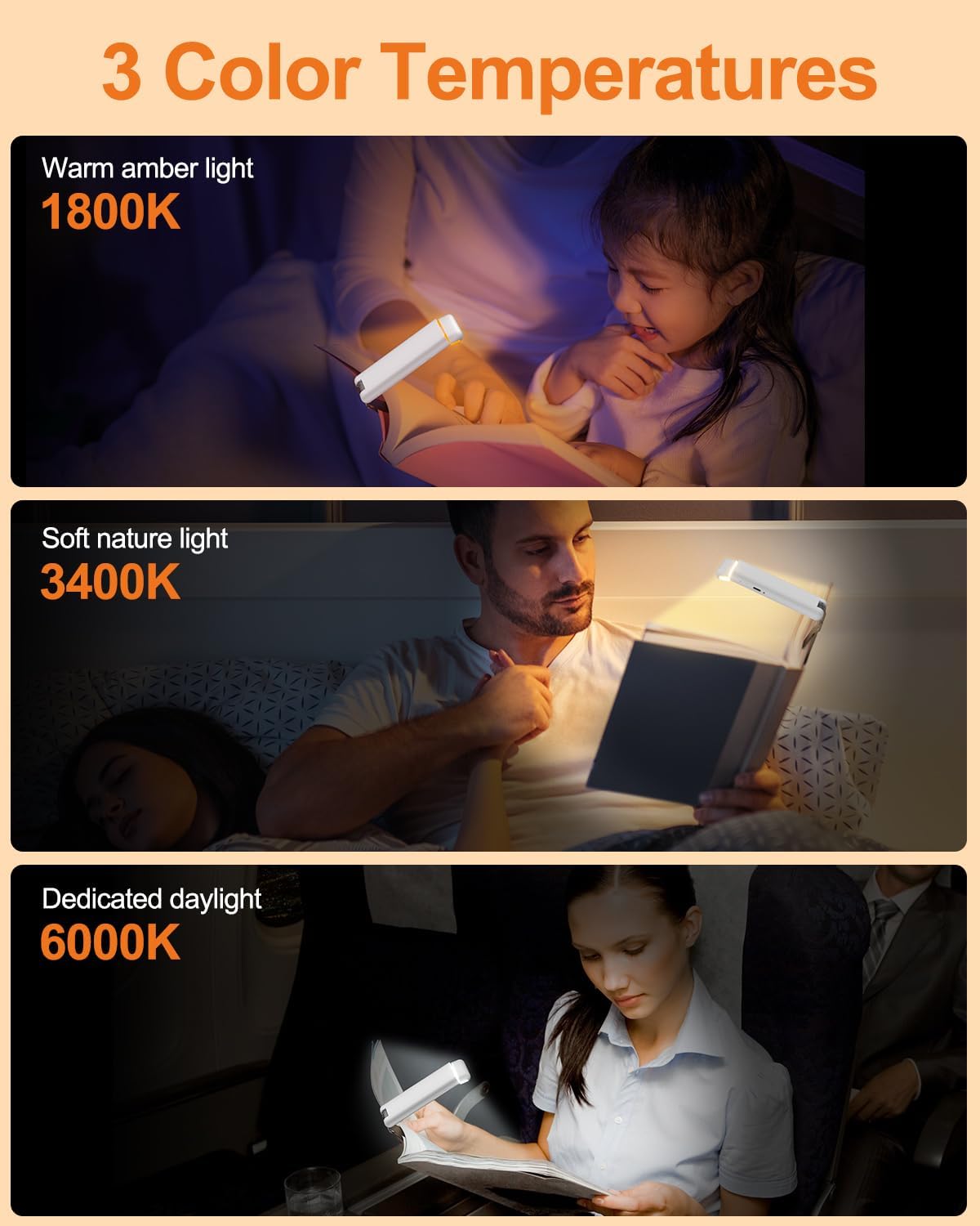 Reading Light,Rechargeable Book Light for Reading in Bed,Upgraded Portable Clip-on LED Bookmark Lamp with Damping Hinge,Long Lasting,3 Colors&5 Brightness&Timer for Book Lovers,Kids(White)