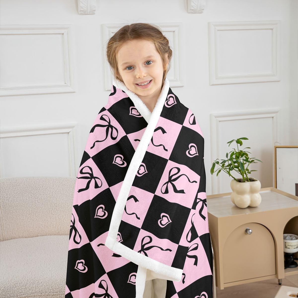 Feelyou Cute Bow Sherpa Throw Blanket for Couch Pink Plaid Checkered Super Soft Cozy Fleece Pink Black Blanket for Winter, Plush Throw Twin 60"x80" All Season