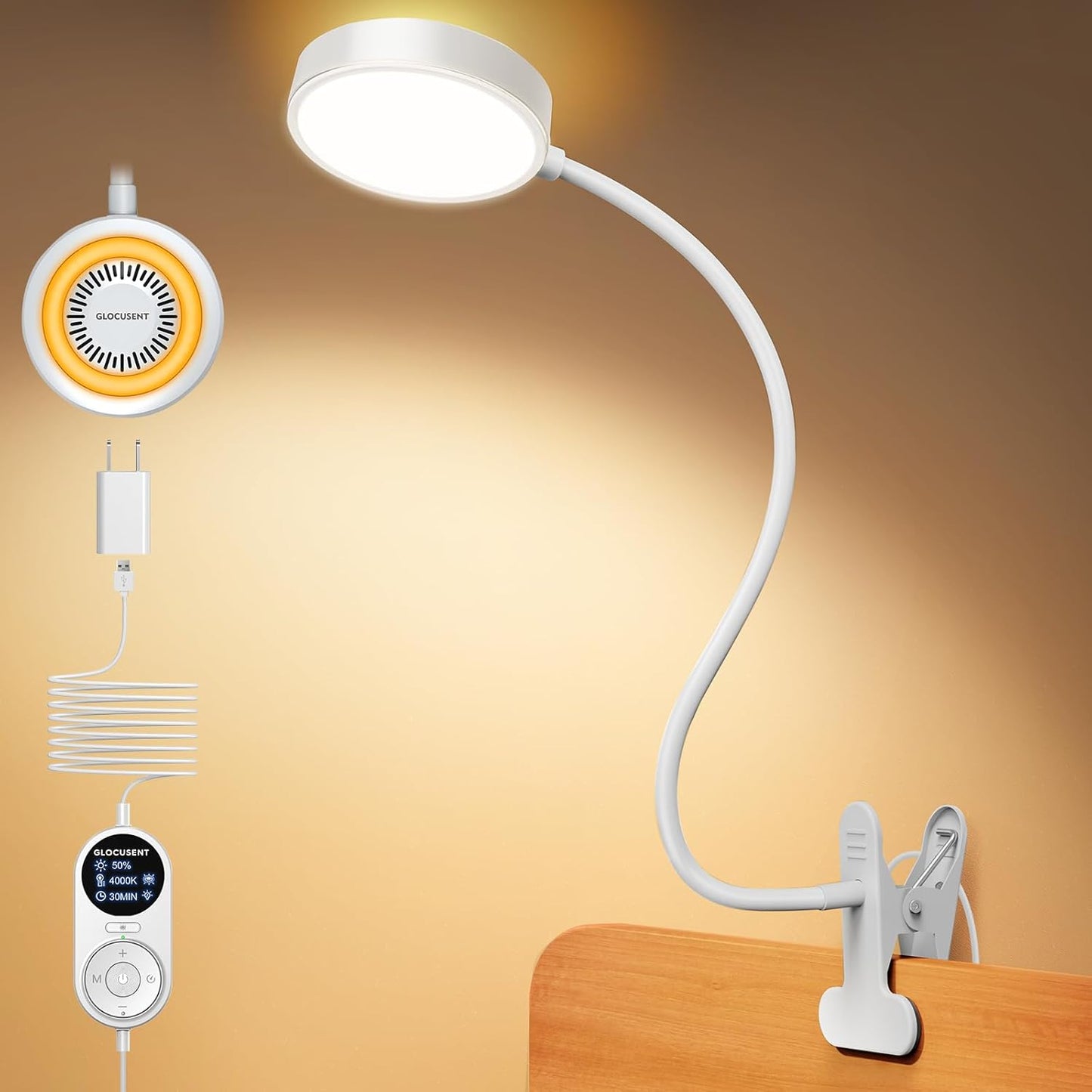 Glocusent Clip on Light, 72 LEDs Clip on Lamp with Amber Night Light, 3 Colors & 5 Brightness Bed Lamp, 30/60-Min Auto Off Timer, Perfect Eye Caring Reading Lamps for Bed/Headboard/Table/Desk