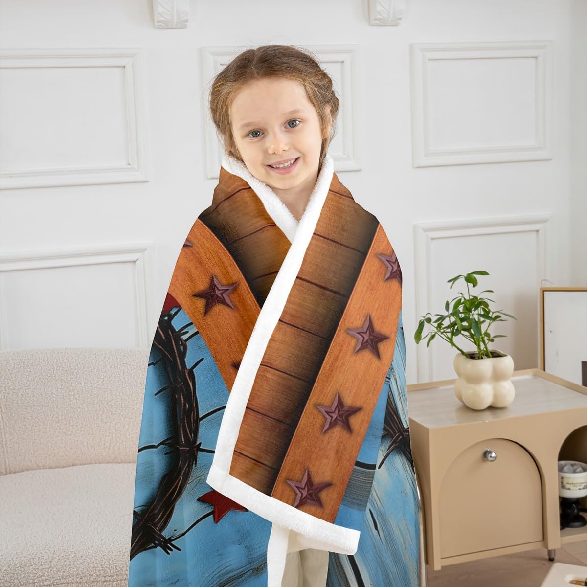 Red Western Texas Star Sherpa Blanket Rural Country Farmhouse Fleece Throw Blanket for Bed Sofa Couch Rustic Wooden Board Plush Blanket Vintage Brown Blue Fuzzy Blanket Twin 60"x80"
