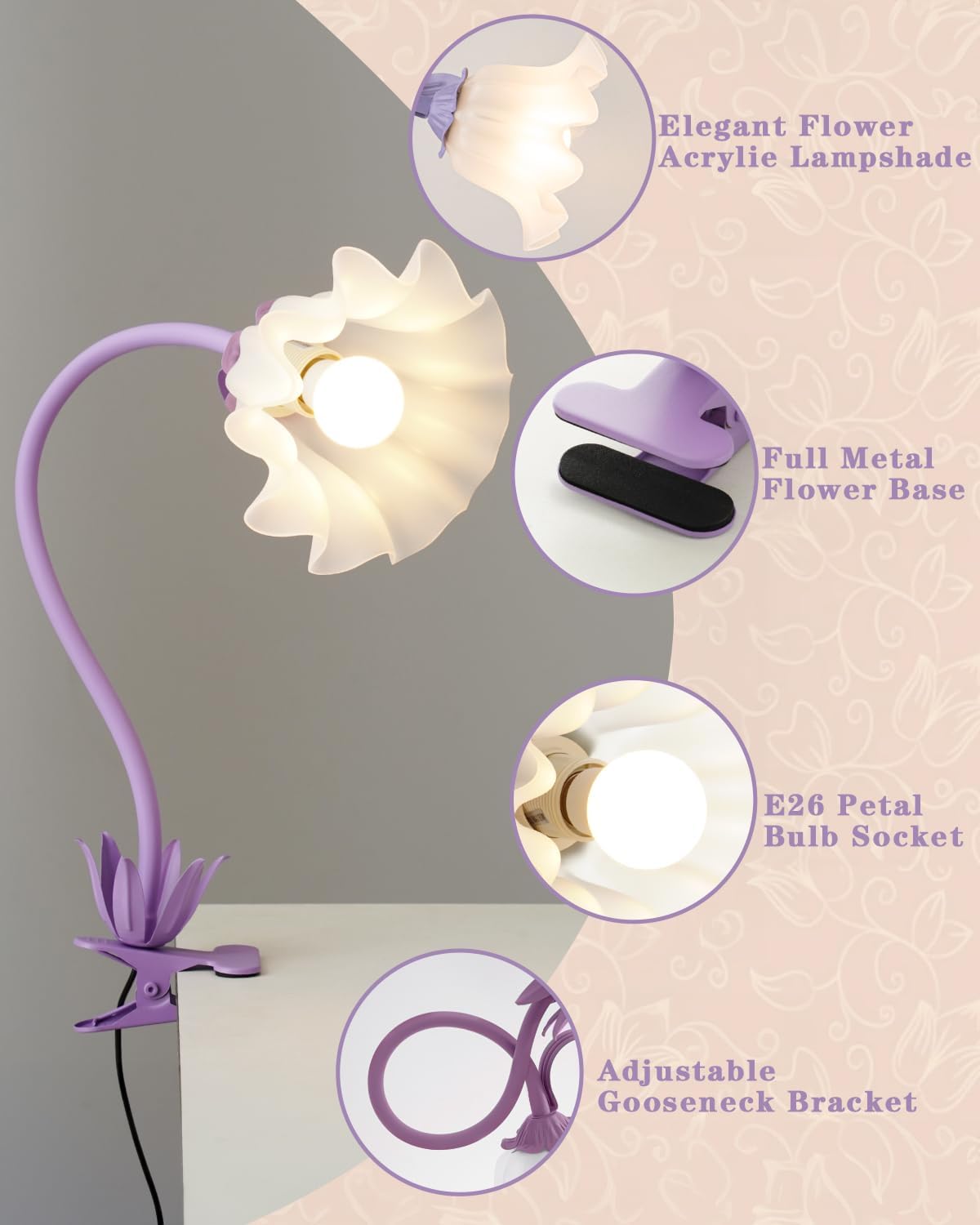 Flower Desk Lamp with Clamp - School Dorm Supplies, 3 Color Modes Flower Eye-Caring Clip on Light, Flexible Neck Reading Lamps for Home College Studying Room Bedside (Purple)