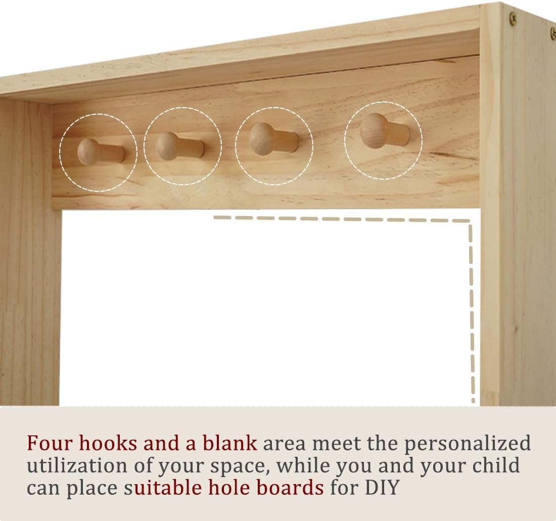 Wooden Kids Bookshelf, Wall Mount Shelf with Hooks, Organizer for Toys and Books, Space-Saving | with Hooks, Space-Saving