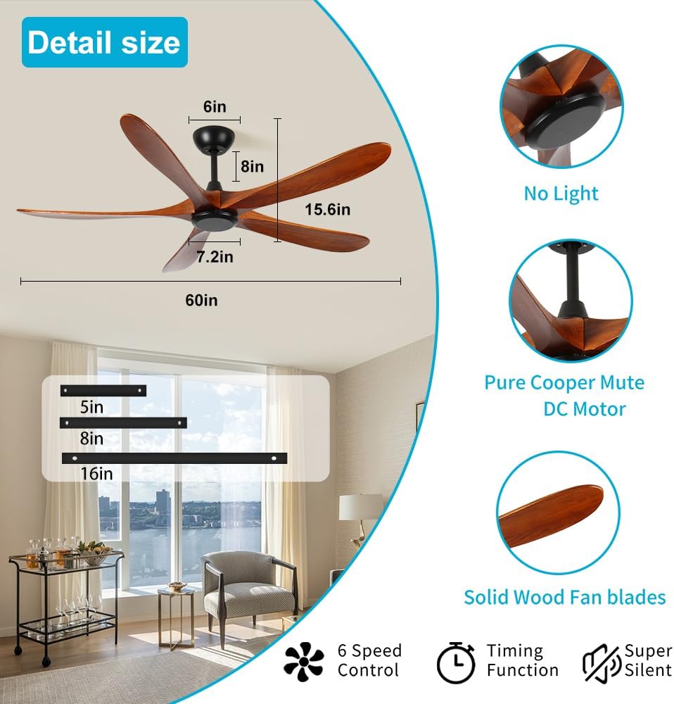60 inch Wood Ceiling Fan No Light,Low Profile Ceiling Fan without light,6-Speed Noiseless DC Motor Reversible,Timer,Remote Control for Bedroom Living Room Outdoor Patio Porch