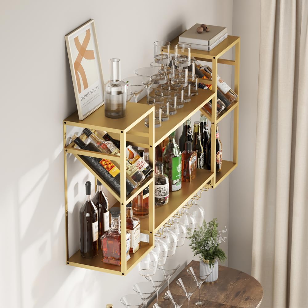 Metal Floating Bar Liquor Shelves 2 Tier, Wall Mounted Wine Rack with Glass Holder Storage, Wall Bar Shelf Wine Display Storage Holder for Kitchen Dining Room Bar (Gold)