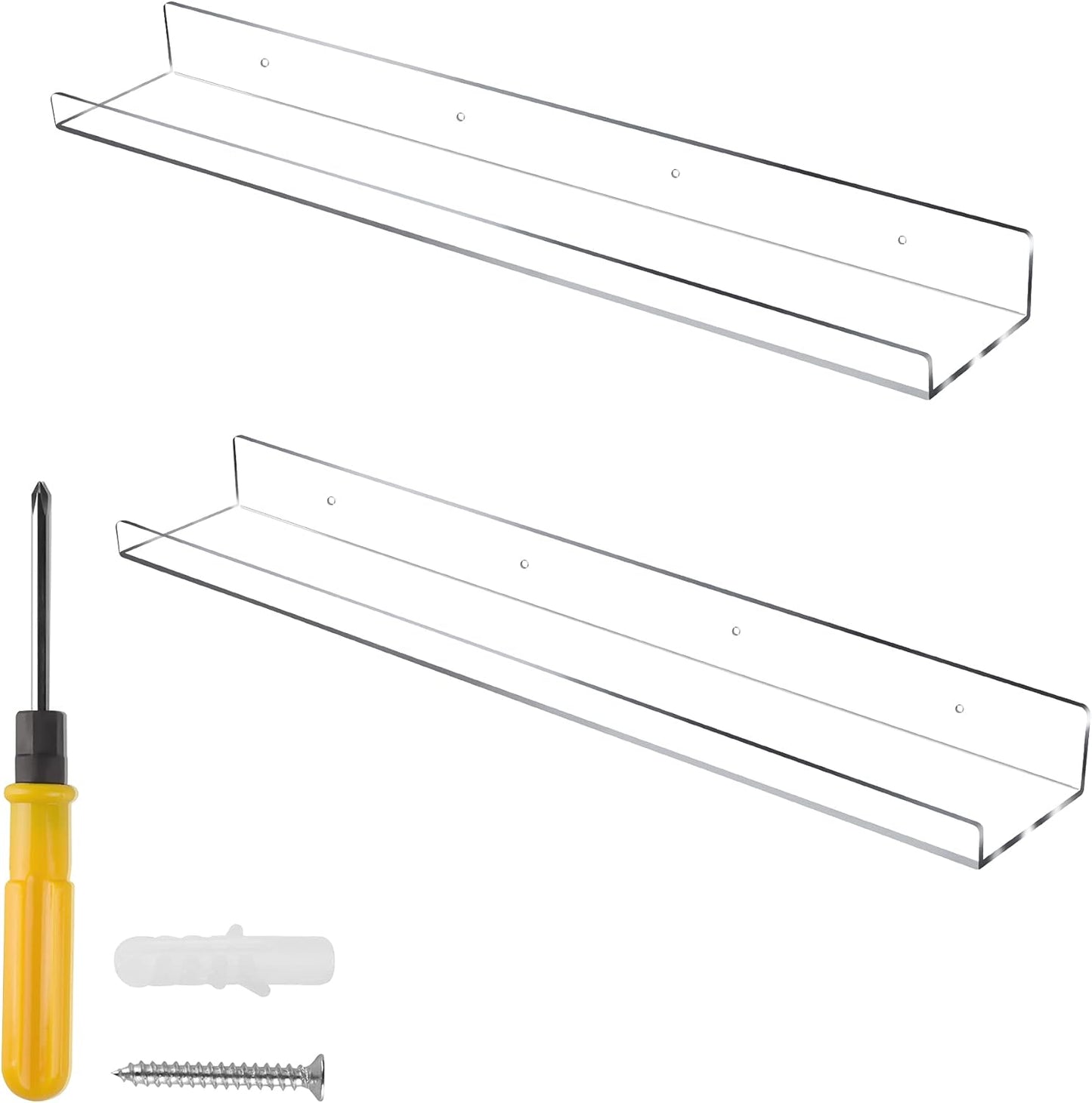 Floating Shelves 24 inch Acrylic Wall Ledge Shelves Clear 2 Pack Invisible Display Bookshelf, 5MM Thick Premium Wall Mounted Shelf Bathroom Display Organizer