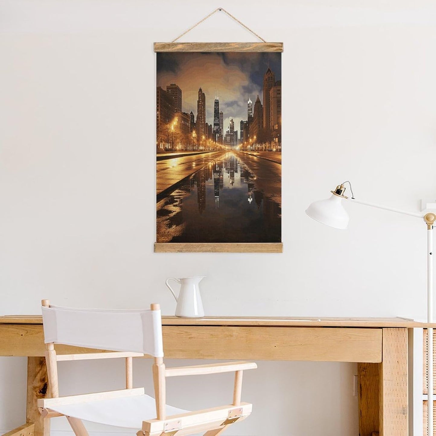 Vintage Chicago Poster with Wooden Frame Personalized Linen Hanging Scroll Painting Rustic Wall Hanging Illustrative Modern Artwork Decor for Home Living Room Bedroom Office
