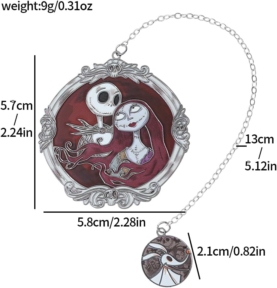 Gothic Christmas Metal Bookmark - Jack & Sally Couple & Silver Chain CharmVintage Engraved Book Accessory for Dark Holiday Lovers, Timeless Macabre Jewelry Gift (Red & Black)