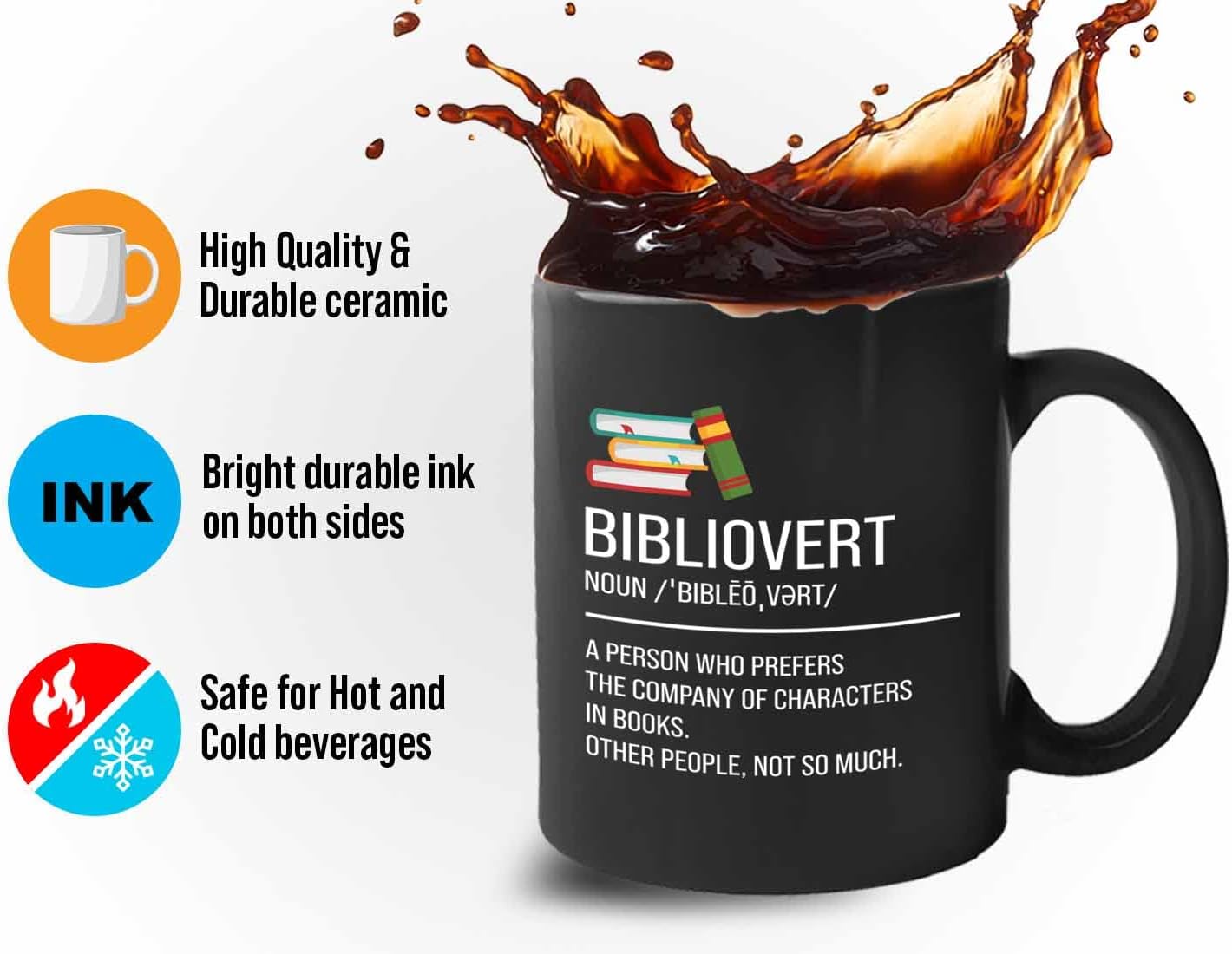 Bubble Hugs Book lovers Coffee Mug 11oz Black - Bibliovert Definition - Author Writer Book Library Editor Introvert Lovers Cat Chill Relax Bookworm Reading