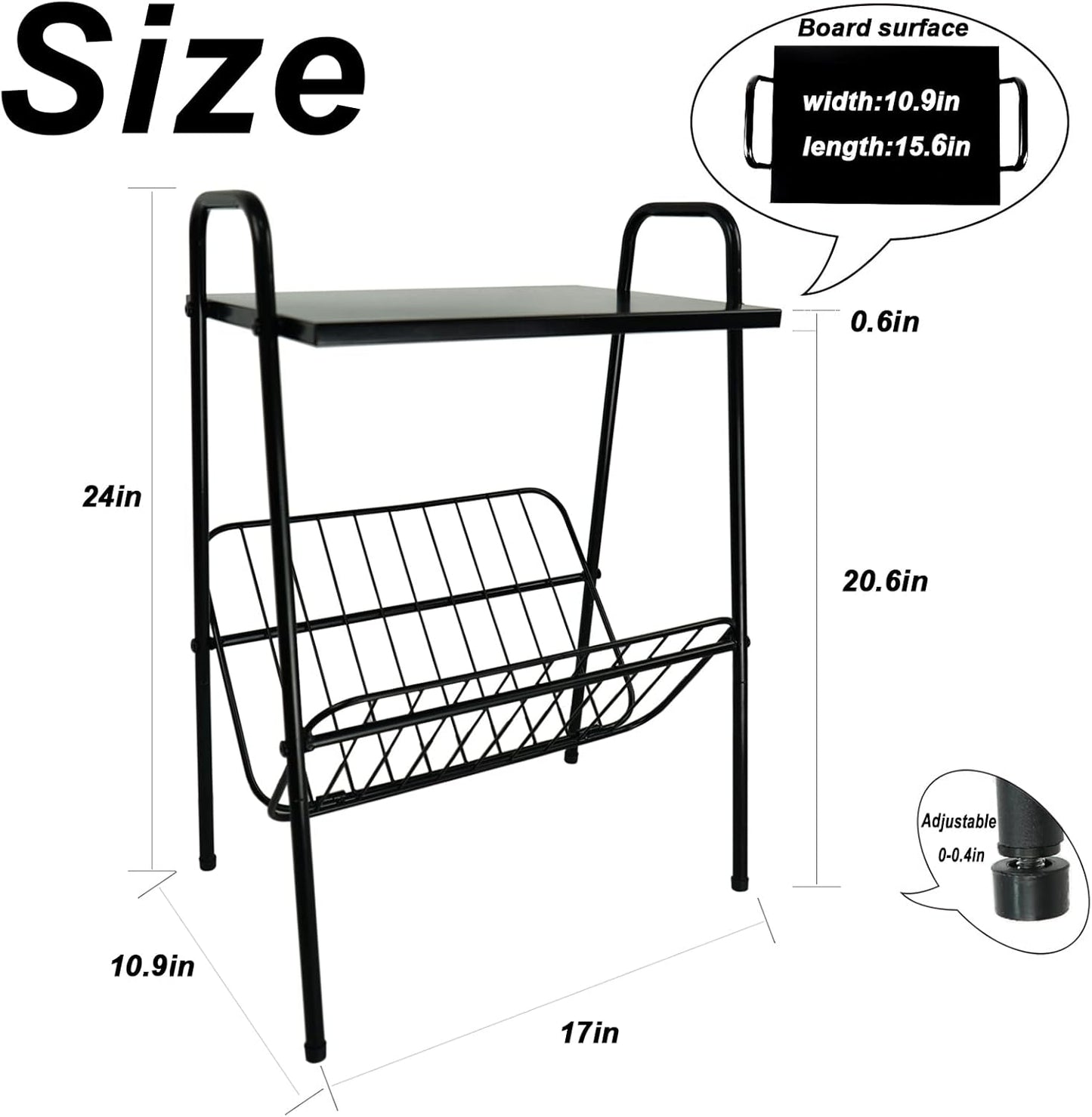 End Table, Metal Nightstand, Record Player Table with Magazine Holder, Record Player Stand with Storage, Side Table for Living Room, Bedroom for Small Spaces, Black