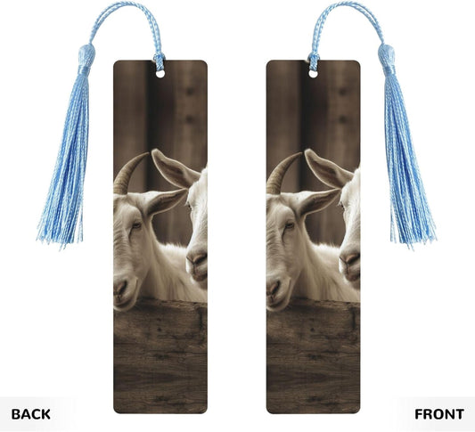 White Goat Bookmarks Gifts for Women Men, Wooden Bookmarks for Book Lovers, Vintage Book Marks Ornaments with Tassel, Unique Personalized Reading Page Markers Sky Blue